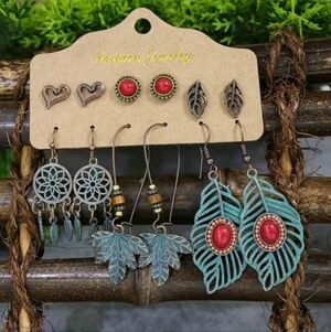 Earrings Set of Six Boho Dream Catcher Leafs Hearts